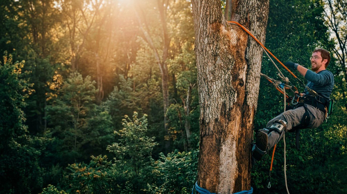 Arborist climbing a tall oak tree